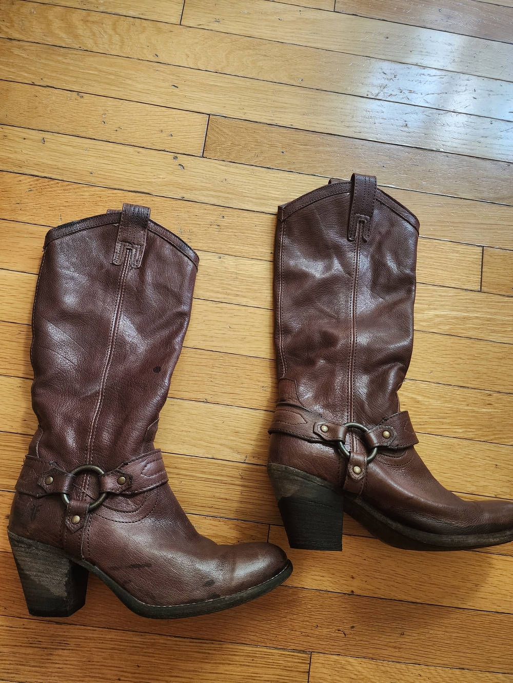 Frye Brown Leather Harness Mid-Calf Heeled Boots
